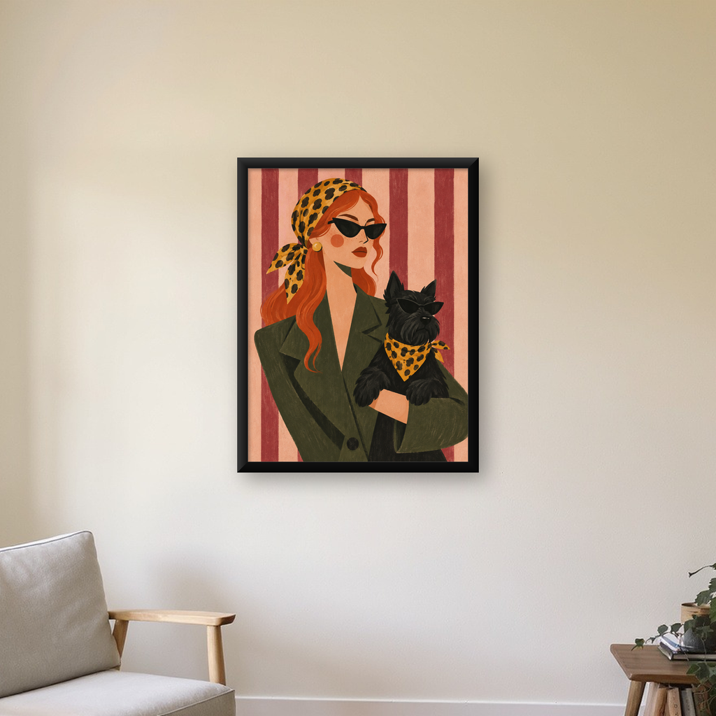Retro Stil Kadın ve Köpek İllüstrasyon Poster — Dikey baskı, çerçeveli hâliyle bir ev duvarında