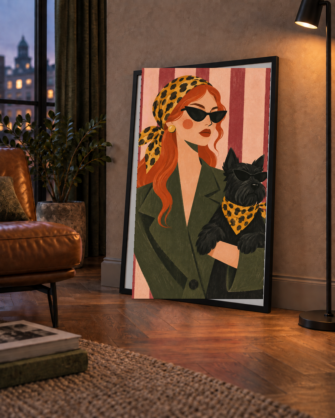 Retro Stil Kadın ve Köpek İllüstrasyon Poster