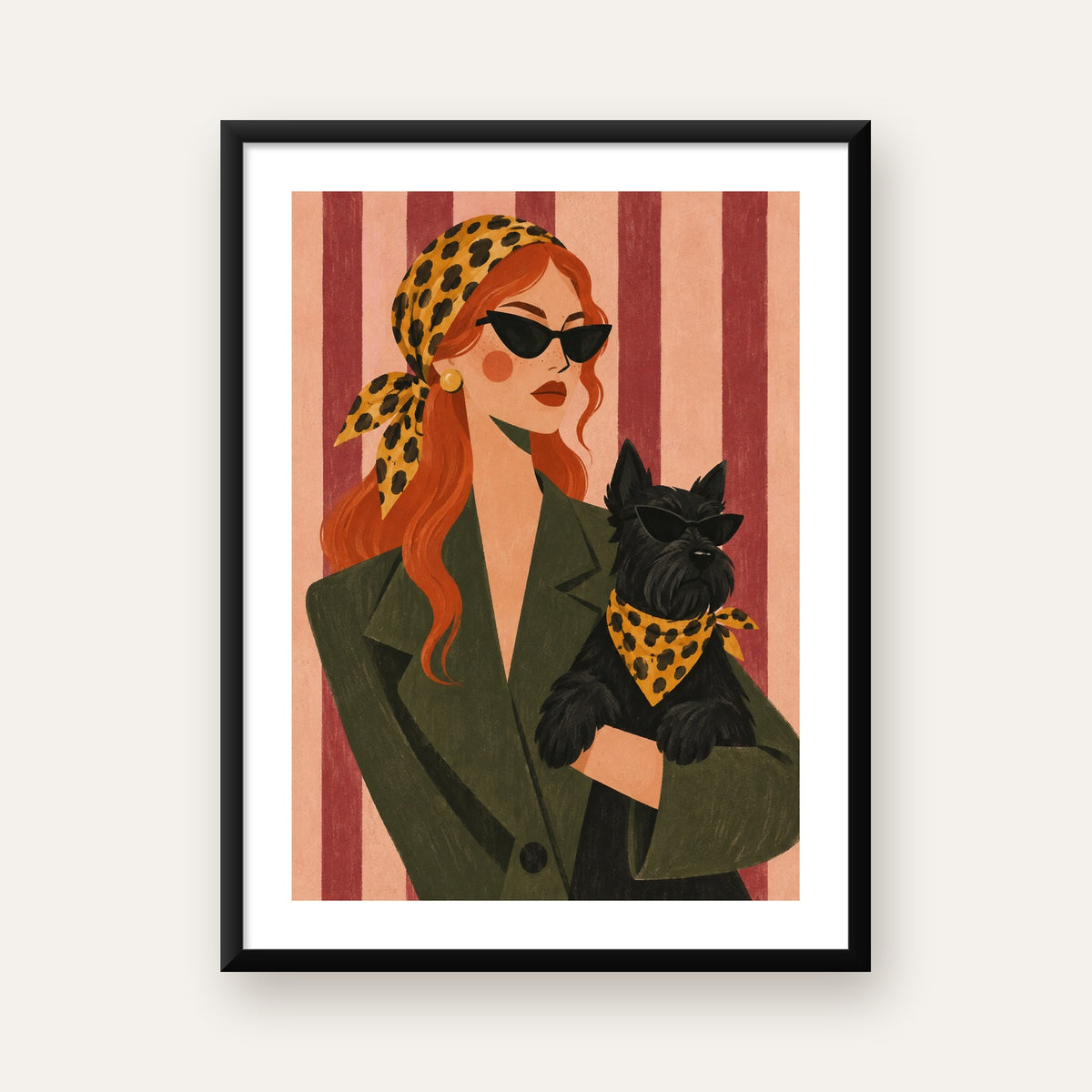 Retro Stil Kadın ve Köpek İllüstrasyon Poster — Dikey baskı, beyaz paspartulu