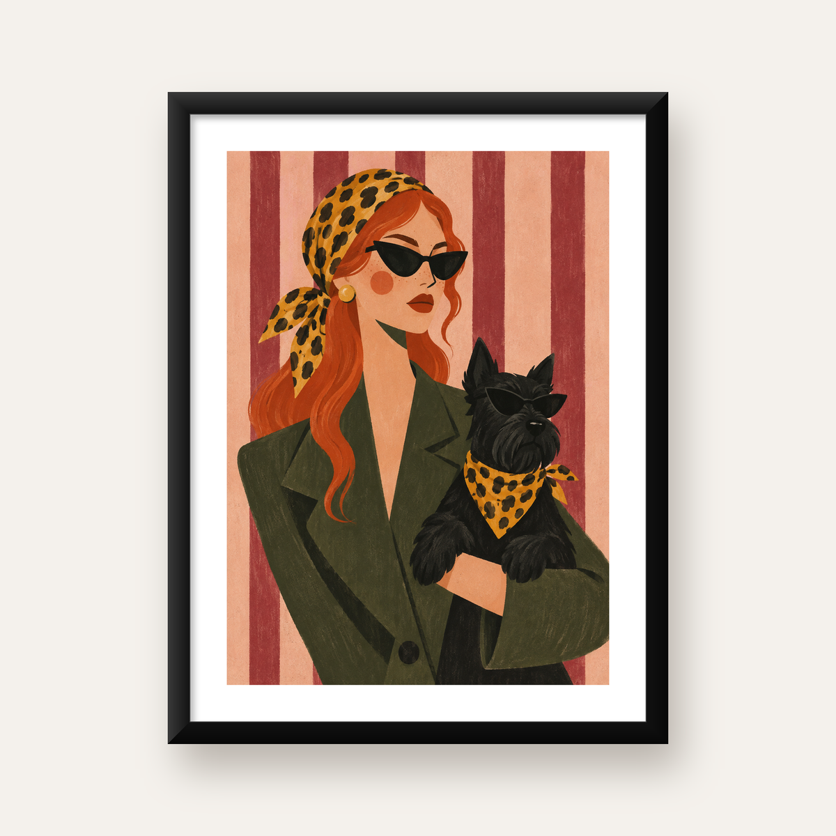 Retro Stil Kadın ve Köpek İllüstrasyon Poster — Dikey baskı, beyaz paspartulu