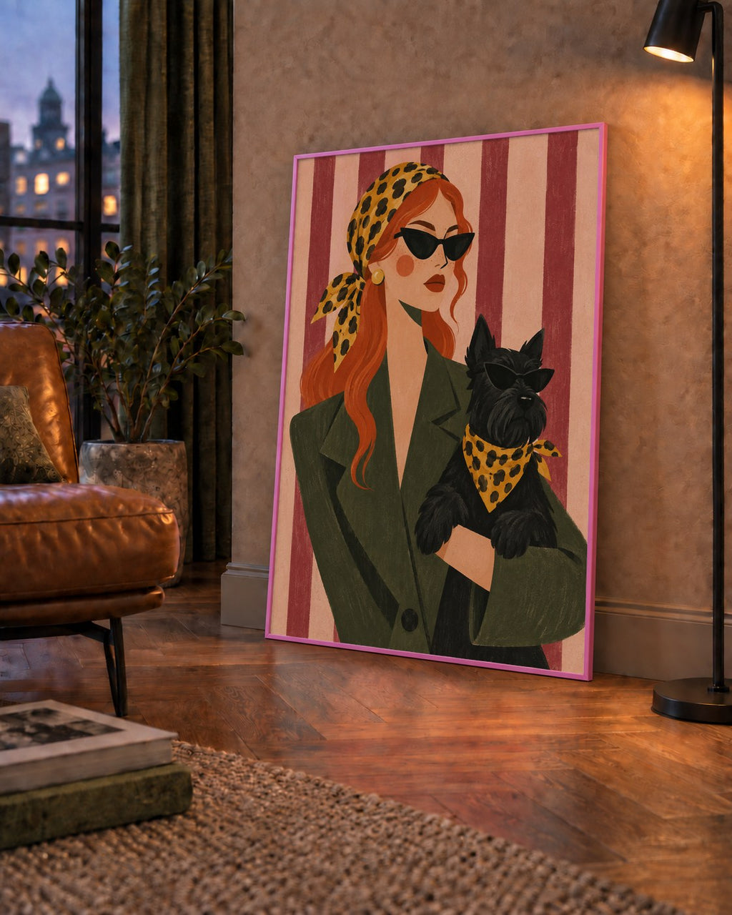 Retro Stil Kadın ve Köpek İllüstrasyon Poster — çerçeveli hâliyle bir ev duvarında