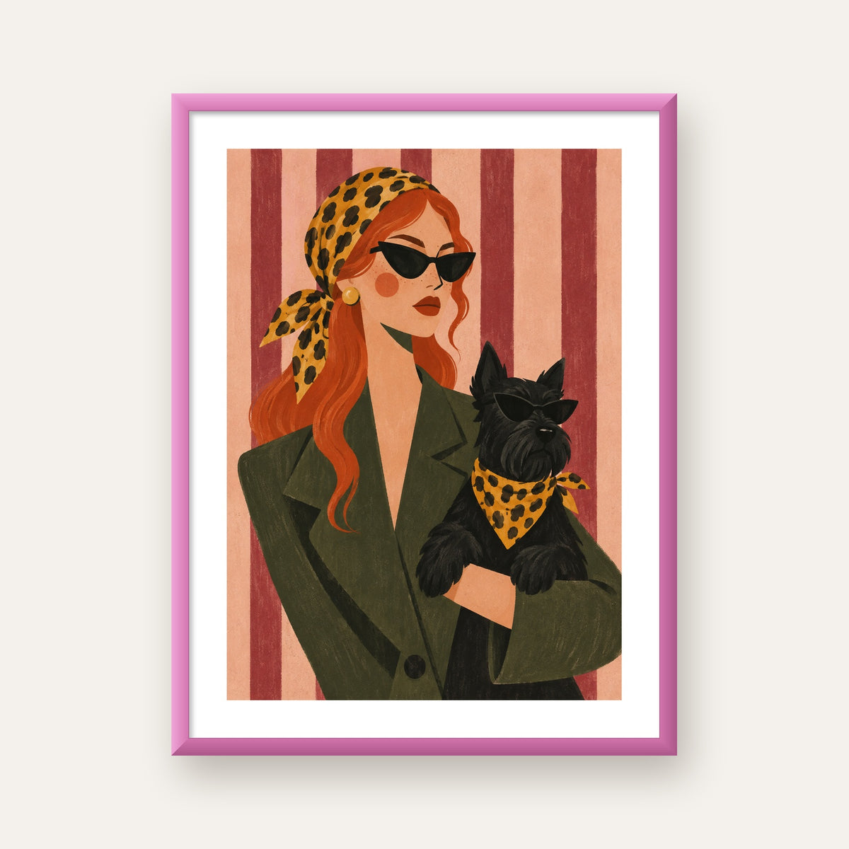Retro Stil Kadın ve Köpek İllüstrasyon Poster — pembe çerçeveli paspartulu