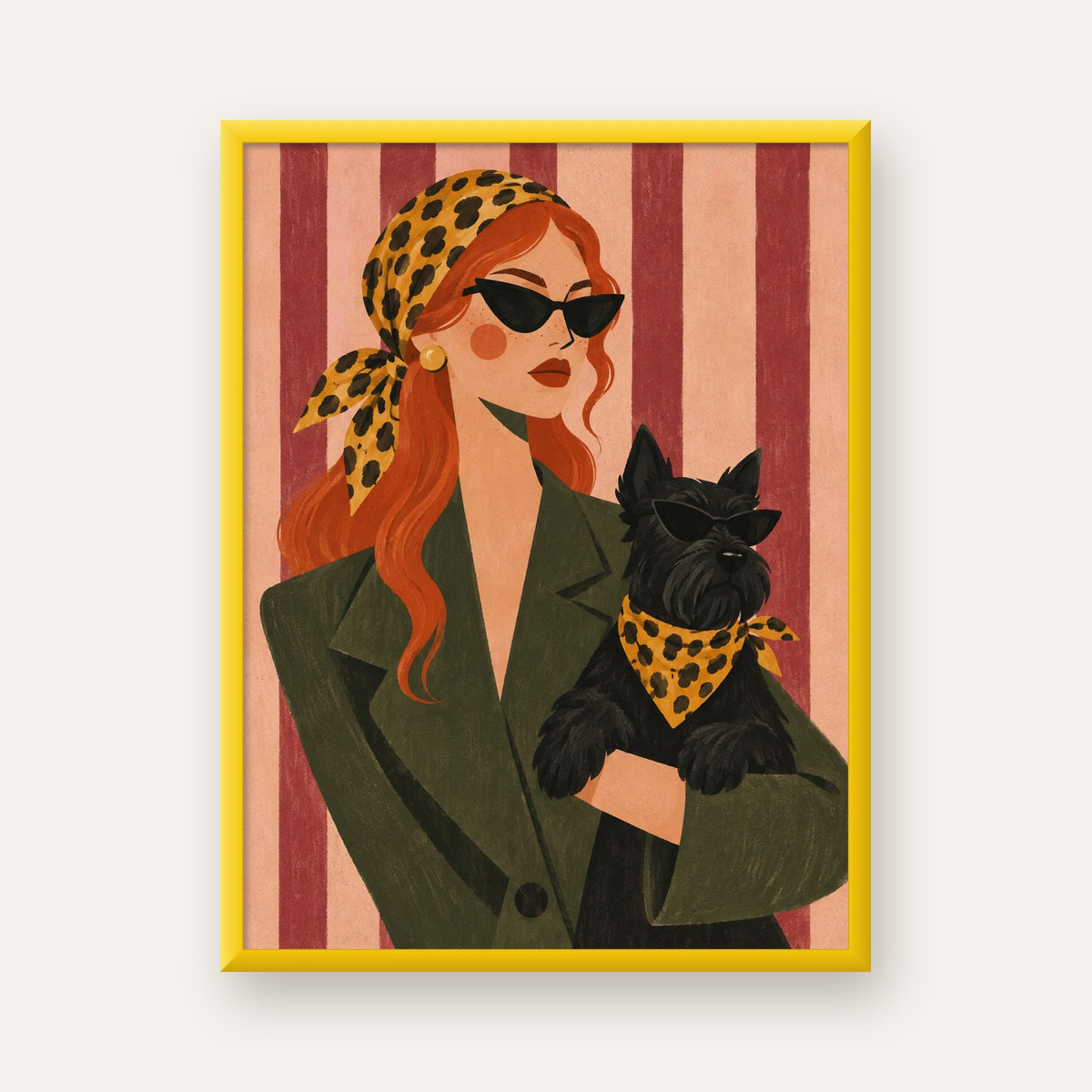 Retro Stil Kadın ve Köpek İllüstrasyon Poster — sarı çerçeveli