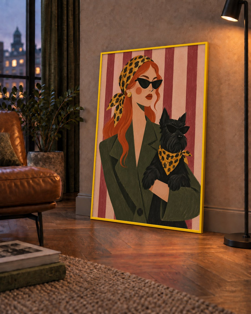 Retro Stil Kadın ve Köpek İllüstrasyon Poster — çerçeveli hâliyle bir ev duvarında