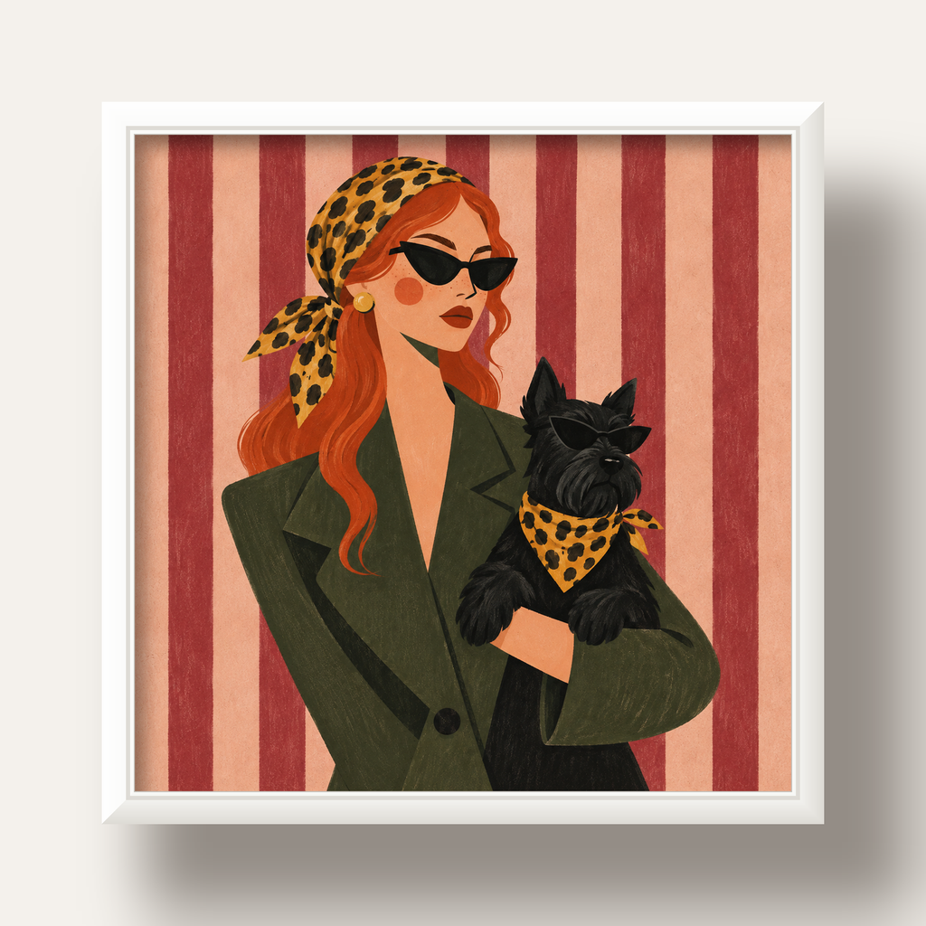 Retro Stil Kadın ve Köpek İllüstrasyon Poster — beyaz derin çerçeveli