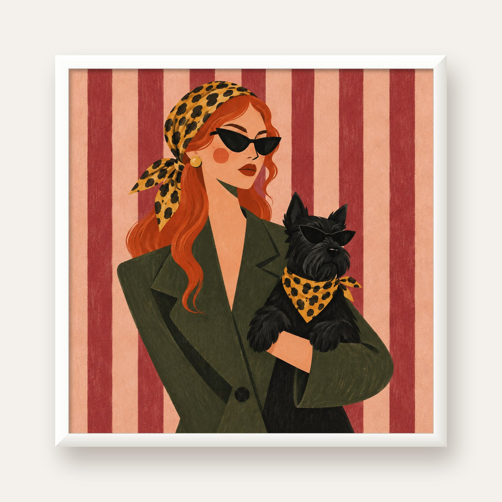 Retro Stil Kadın ve Köpek İllüstrasyon Poster — beyaz çerçeveli kare poster