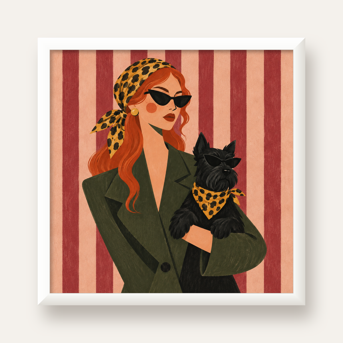 Retro Stil Kadın ve Köpek İllüstrasyon Poster — beyaz çerçeveli kare poster
