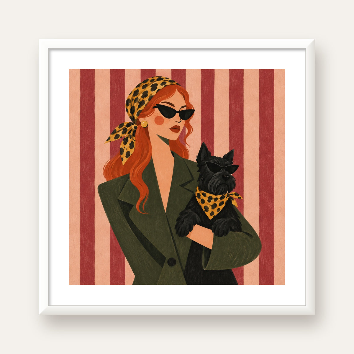 Retro Stil Kadın ve Köpek İllüstrasyon Poster — beyaz çerçeveli kare poster