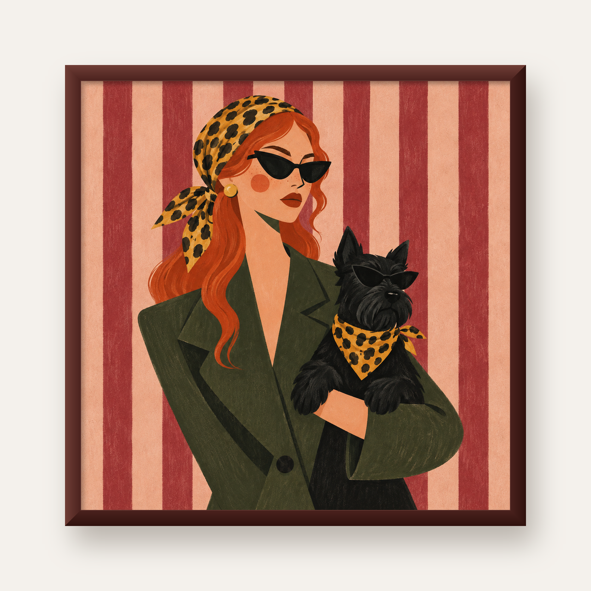 Retro Stil Kadın ve Köpek İllüstrasyon Poster — ceviz çerçeveli
