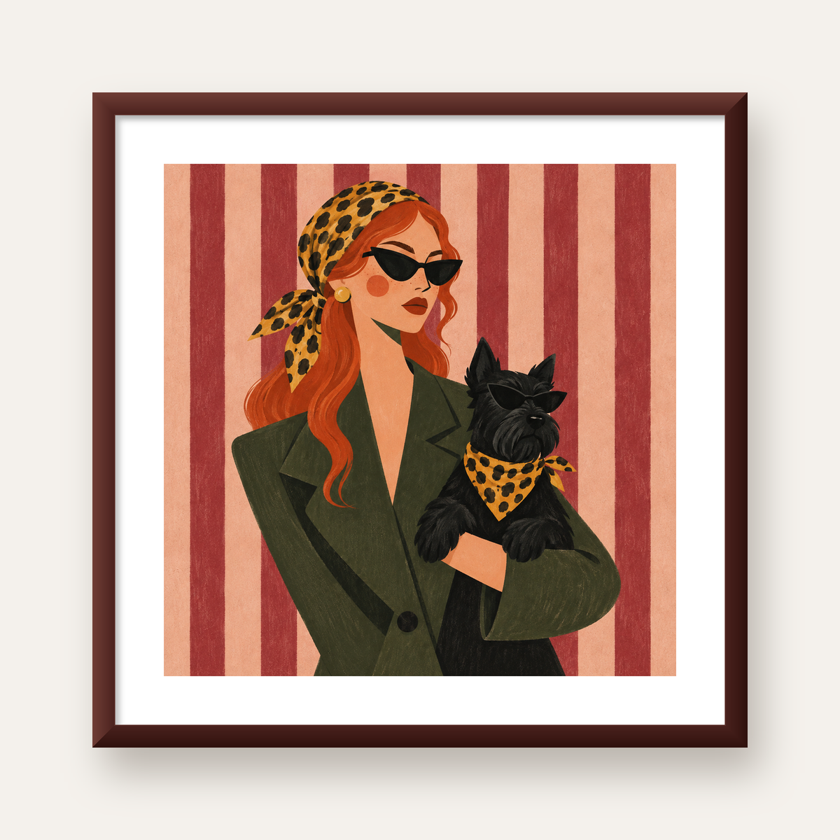 Retro Stil Kadın ve Köpek İllüstrasyon Poster — ceviz çerçeveli paspartulu