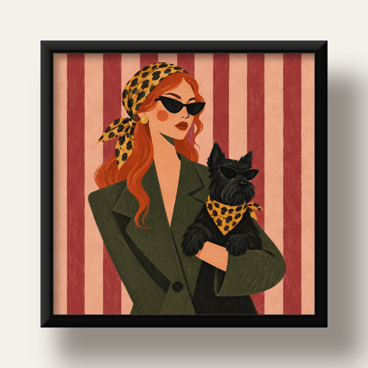 Retro Stil Kadın ve Köpek İllüstrasyon Poster — siyah derin çerçeveli