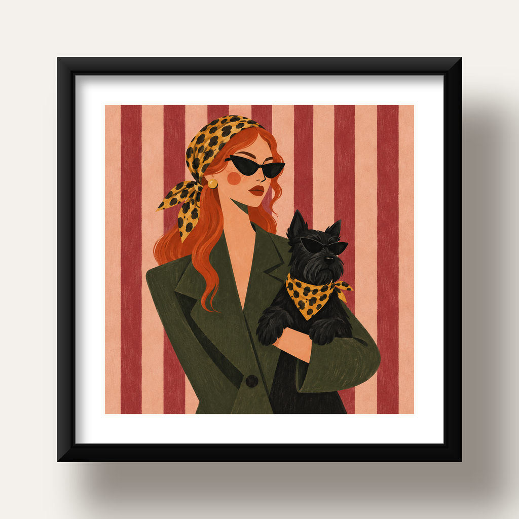 Retro Stil Kadın ve Köpek İllüstrasyon Poster — siyah derin çerçeveli paspartulu