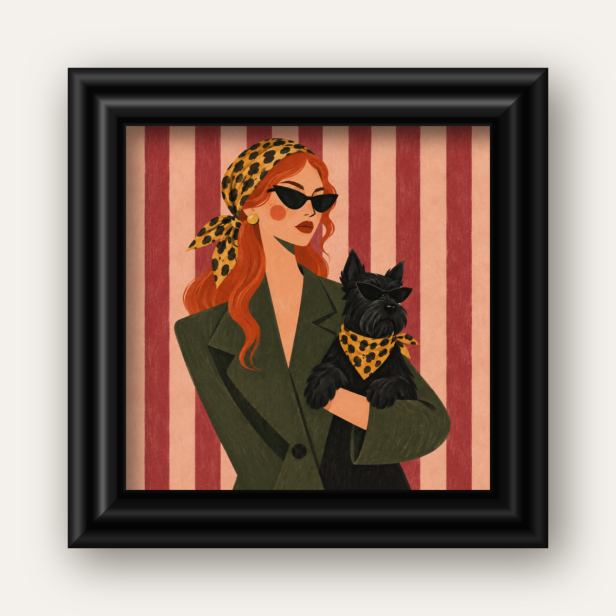 Retro Stil Kadın ve Köpek İllüstrasyon Poster — siyah galeri çerçeveli