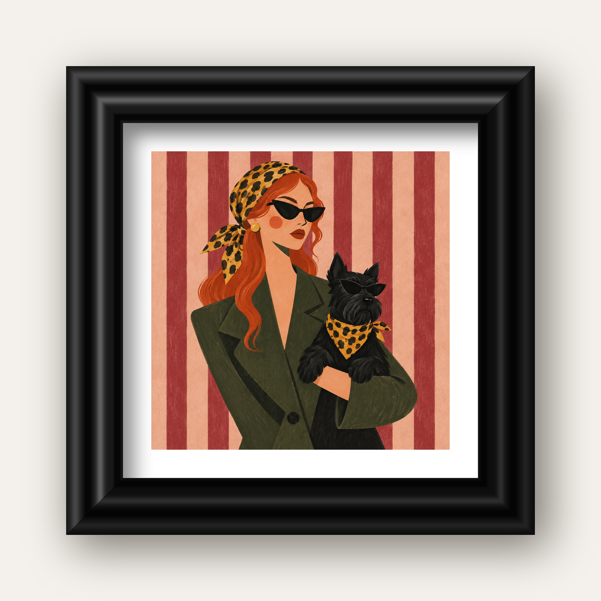 Retro Stil Kadın ve Köpek İllüstrasyon Poster — siyah galeri çerçeveli paspartulu