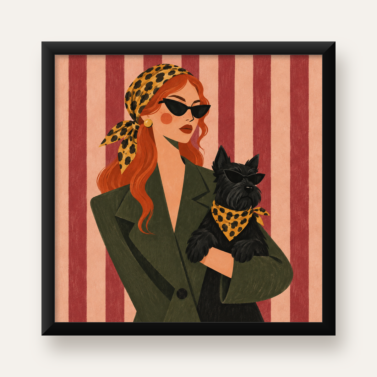 Retro Stil Kadın ve Köpek İllüstrasyon Poster — Kare baskı, düz siyah çerçeveli duvar posteri