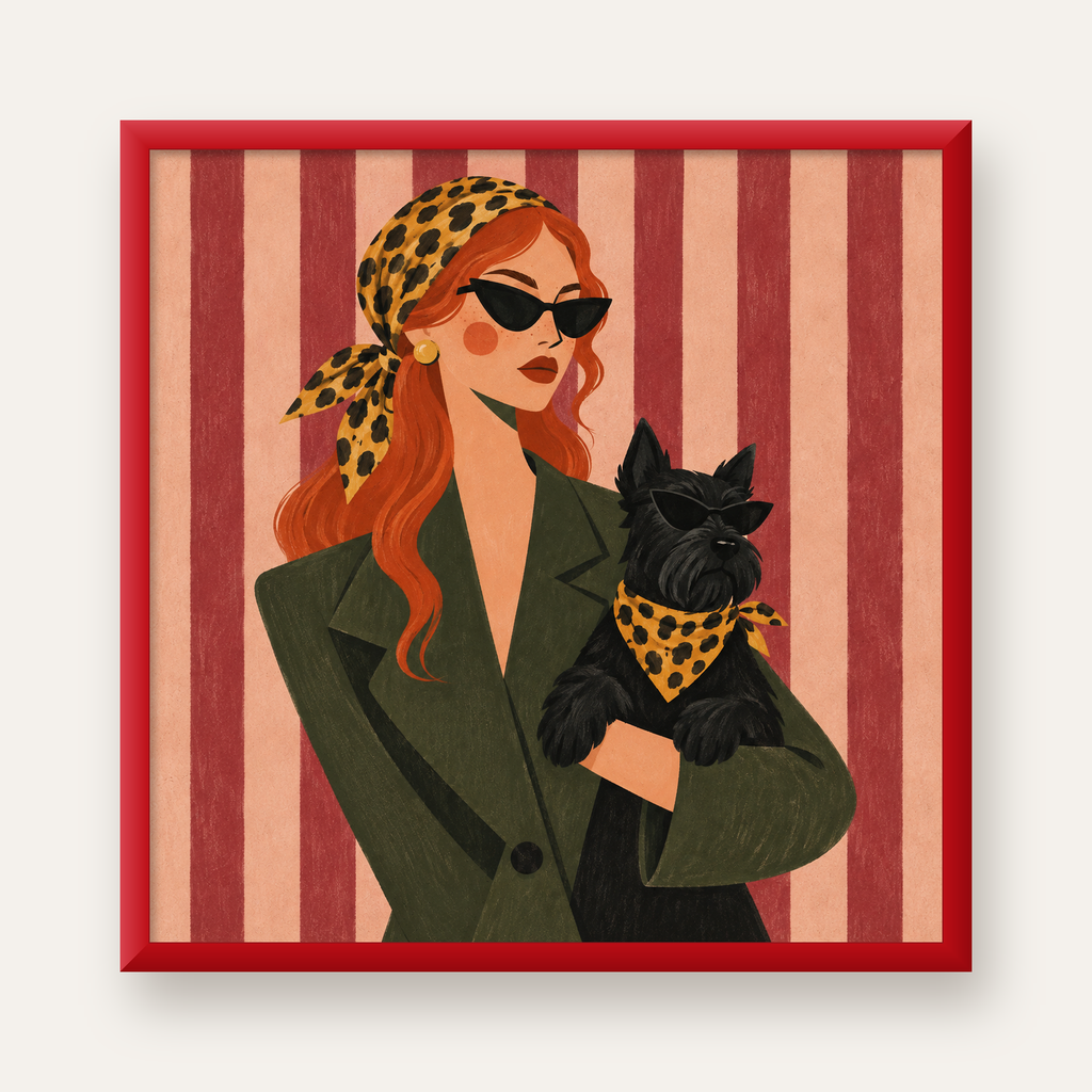 Retro Stil Kadın ve Köpek İllüstrasyon Poster — kırmızı çerçeveli