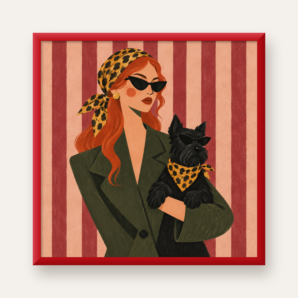 Retro Stil Kadın ve Köpek İllüstrasyon Poster — kırmızı çerçeveli