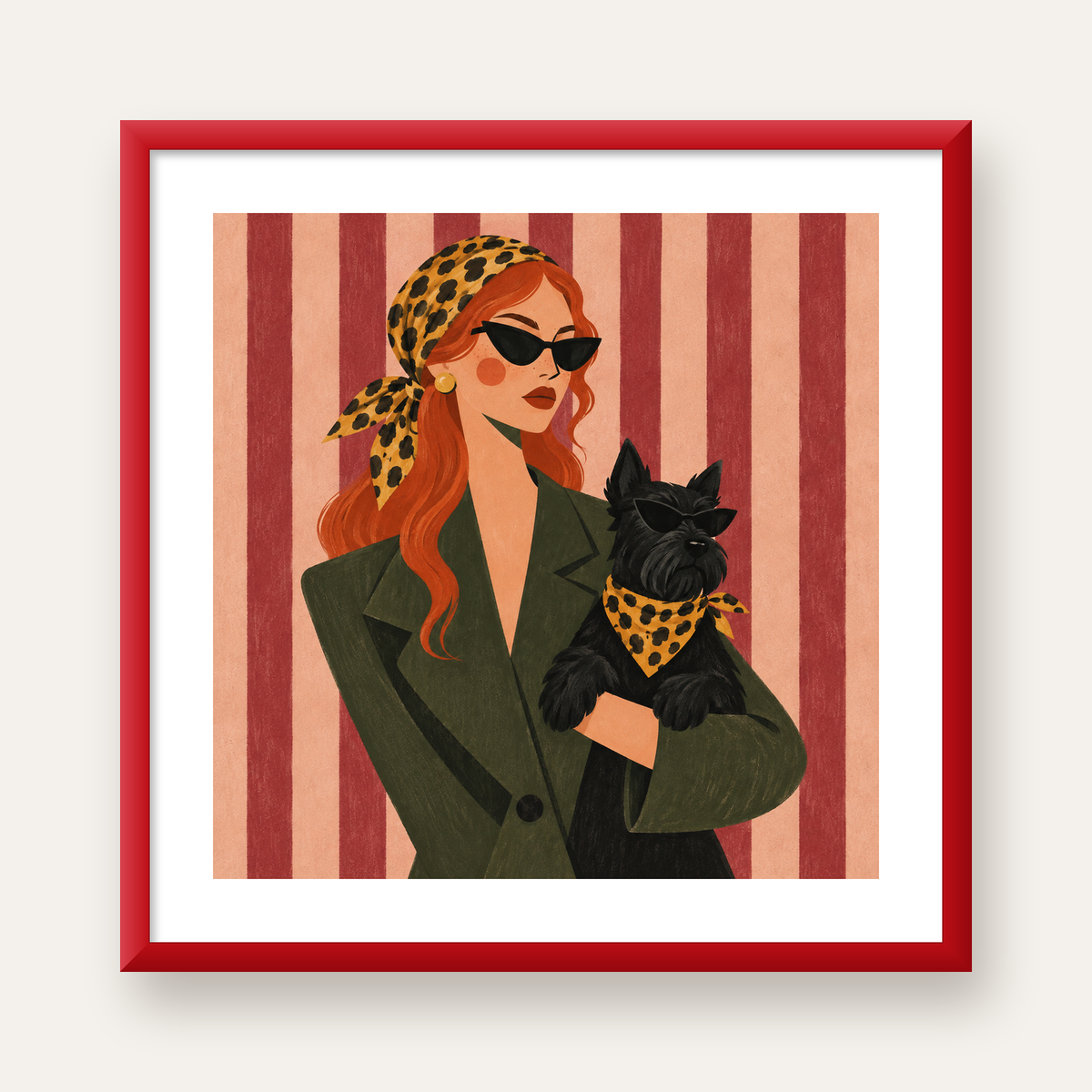 Retro Stil Kadın ve Köpek İllüstrasyon Poster — kırmızı çerçeveli paspartulu