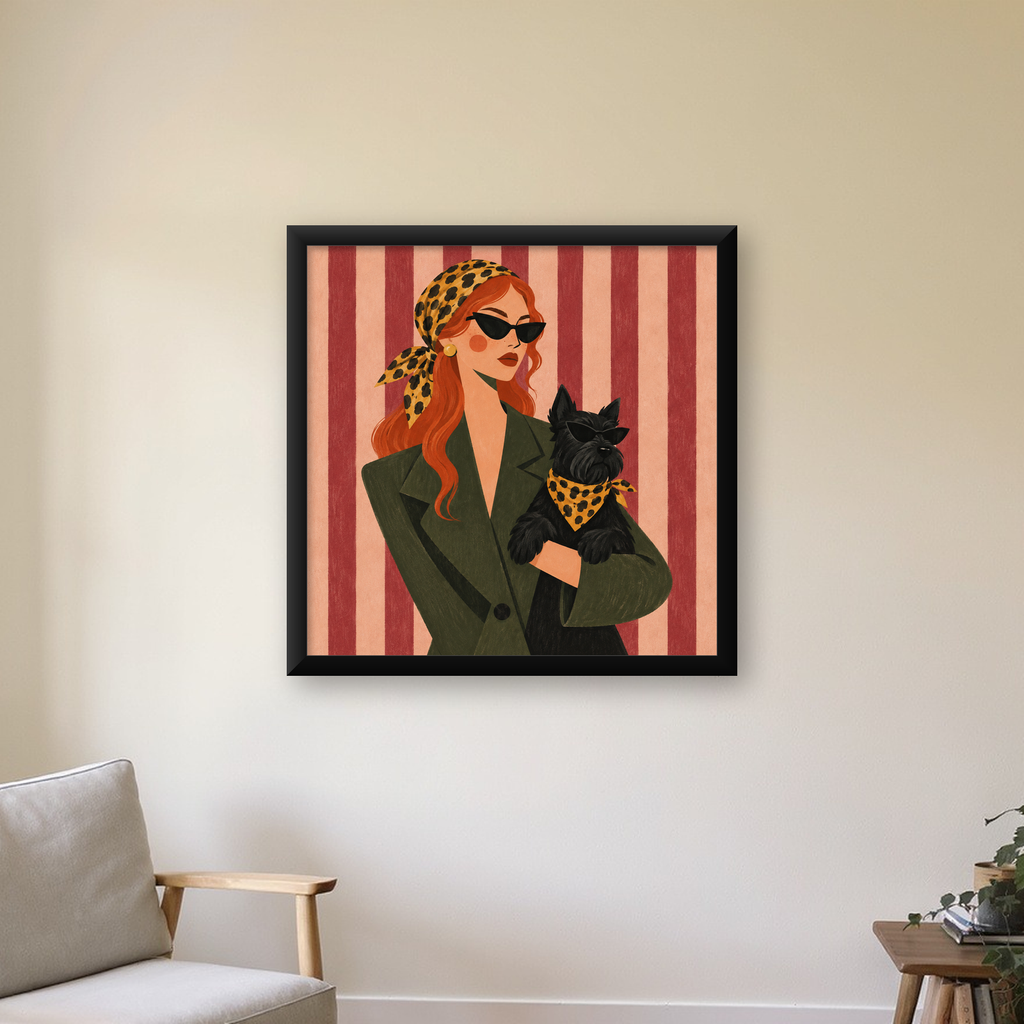 Retro Stil Kadın ve Köpek İllüstrasyon Poster — Kare baskı, çerçeveli hâliyle bir ev duvarında