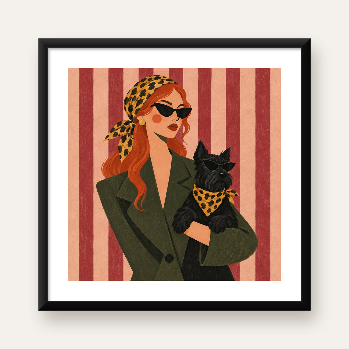 Retro Stil Kadın ve Köpek İllüstrasyon Poster — Kare baskı, beyaz paspartulu