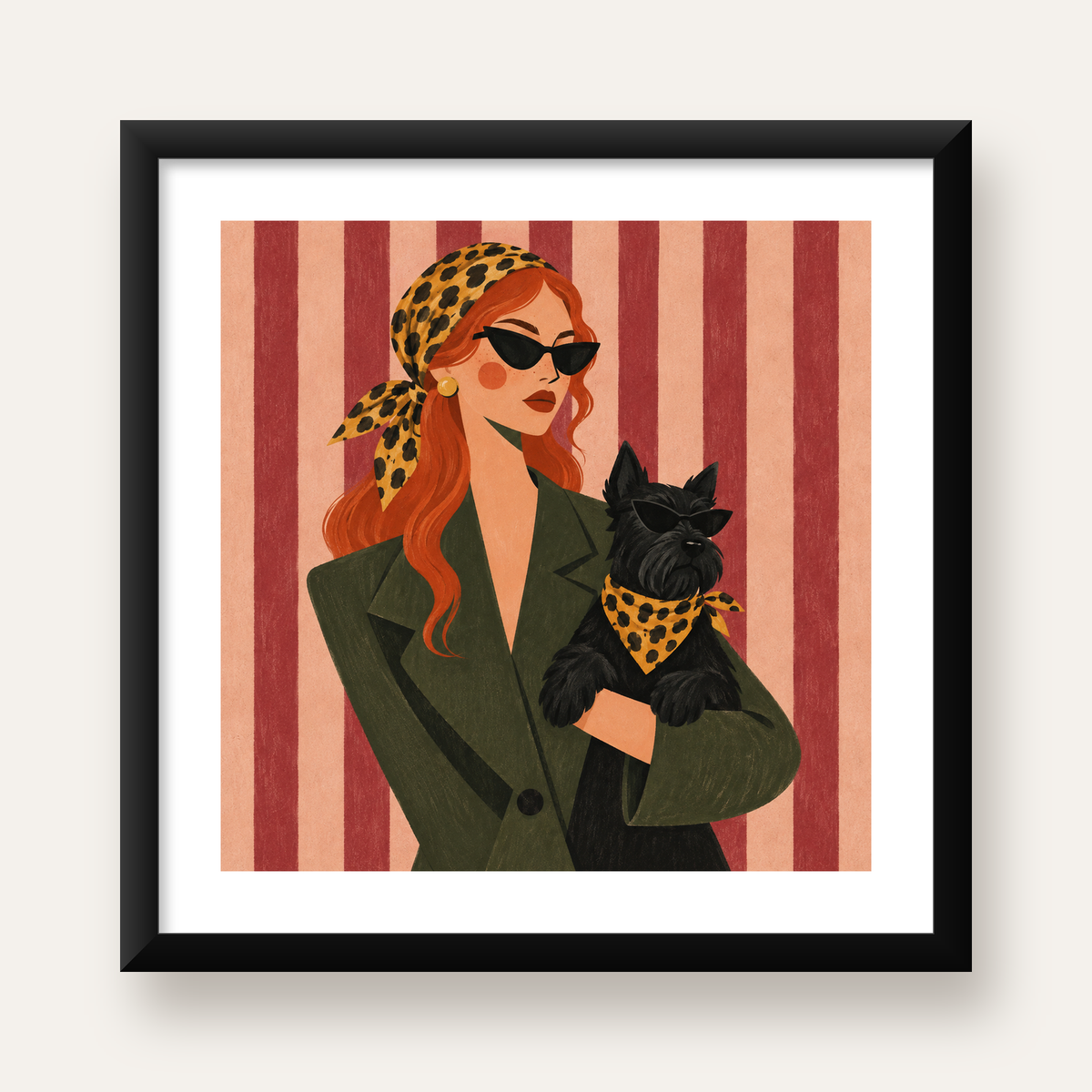 Retro Stil Kadın ve Köpek İllüstrasyon Poster — Kare baskı, beyaz paspartulu