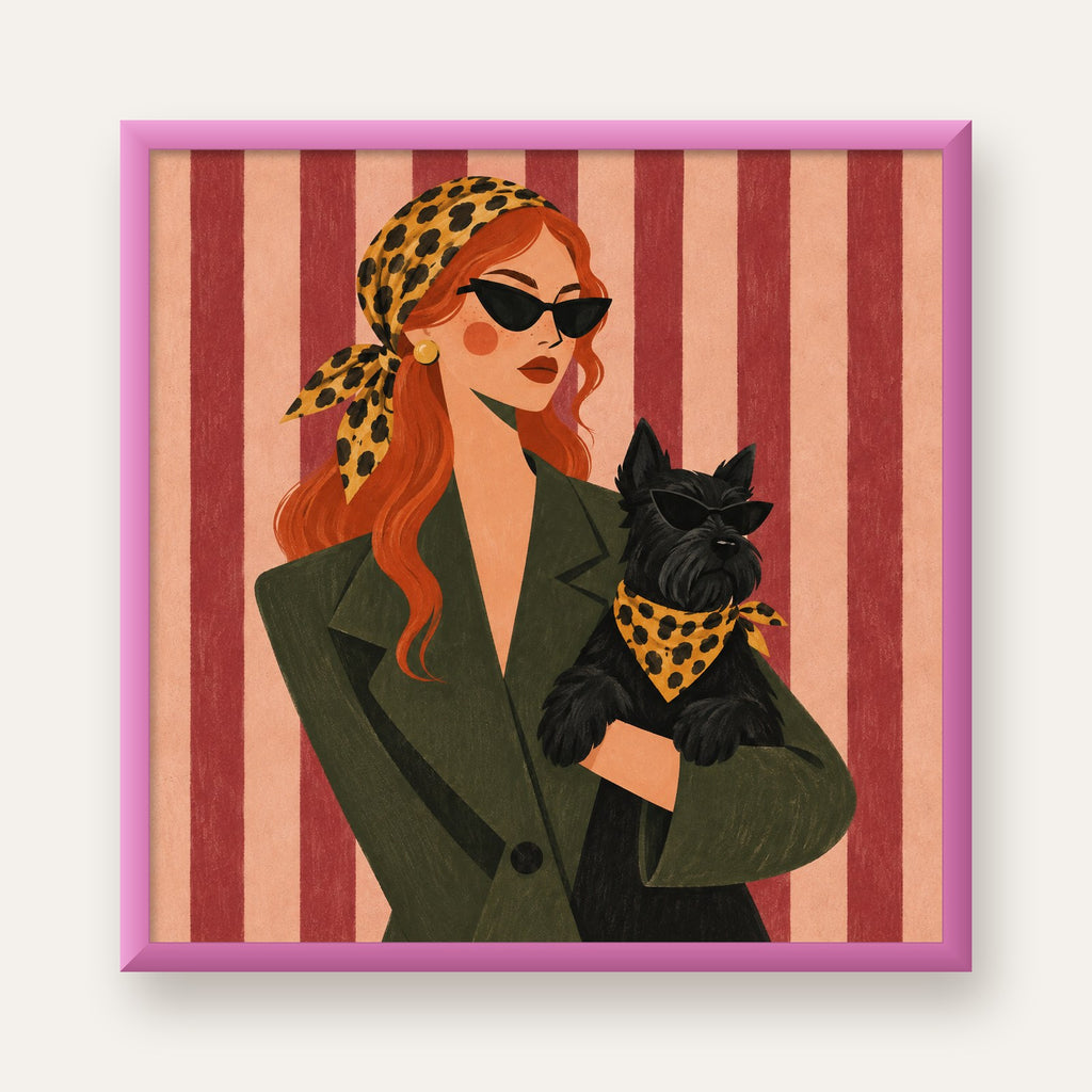 Retro Stil Kadın ve Köpek İllüstrasyon Poster — pembe çerçeveli