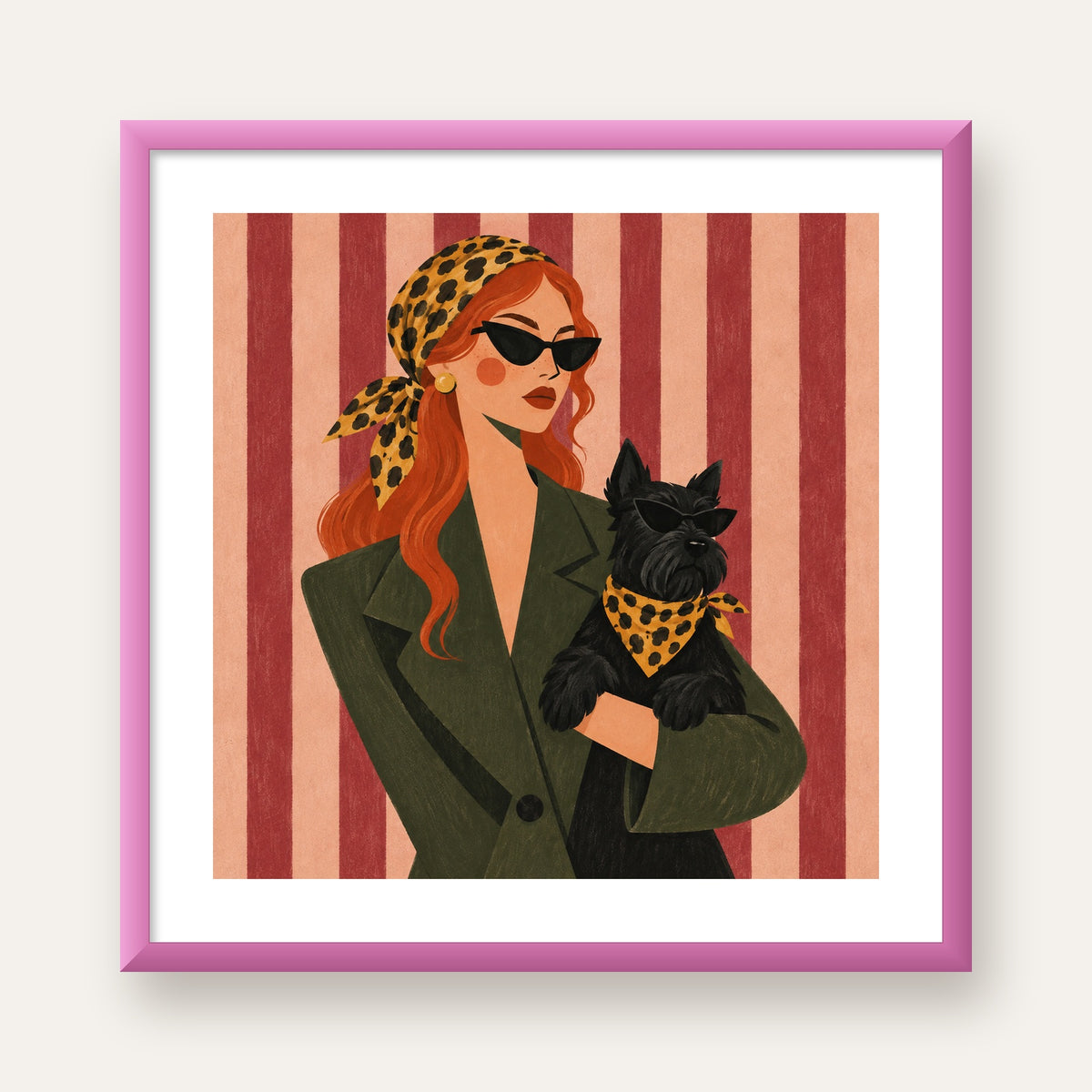 Retro Stil Kadın ve Köpek İllüstrasyon Poster — pembe çerçeveli paspartulu