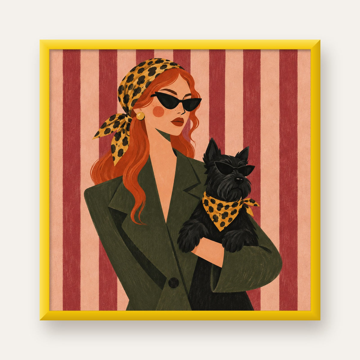 Retro Stil Kadın ve Köpek İllüstrasyon Poster — sarı çerçeveli