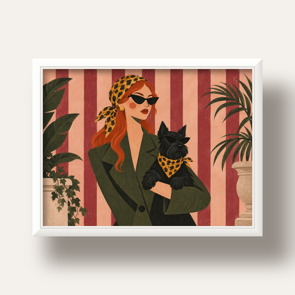 Retro Stil Kadın ve Köpek İllüstrasyon Poster — beyaz derin çerçeveli