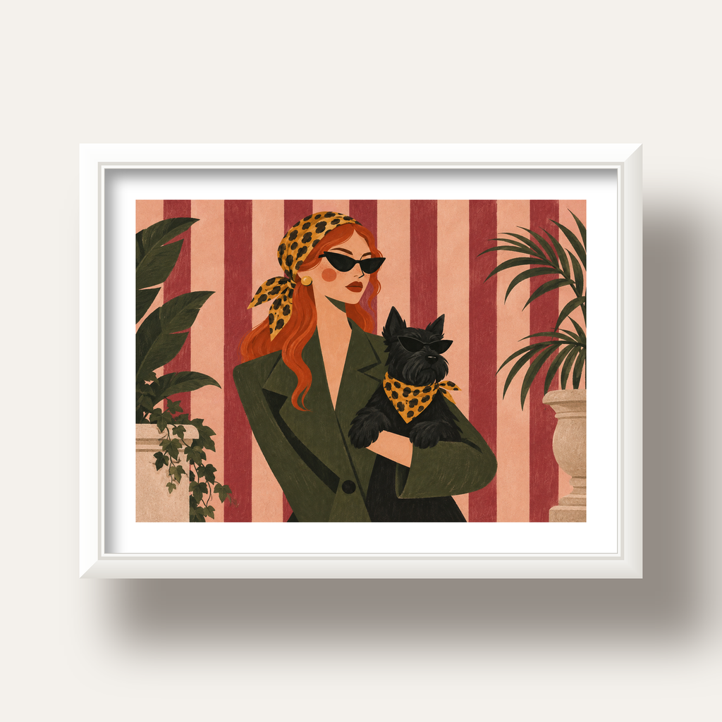 Retro Stil Kadın ve Köpek İllüstrasyon Poster — beyaz derin çerçeveli paspartulu