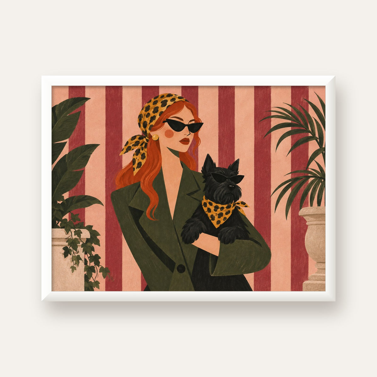 Retro Stil Kadın ve Köpek İllüstrasyon Poster — beyaz çerçeveli yatay poster