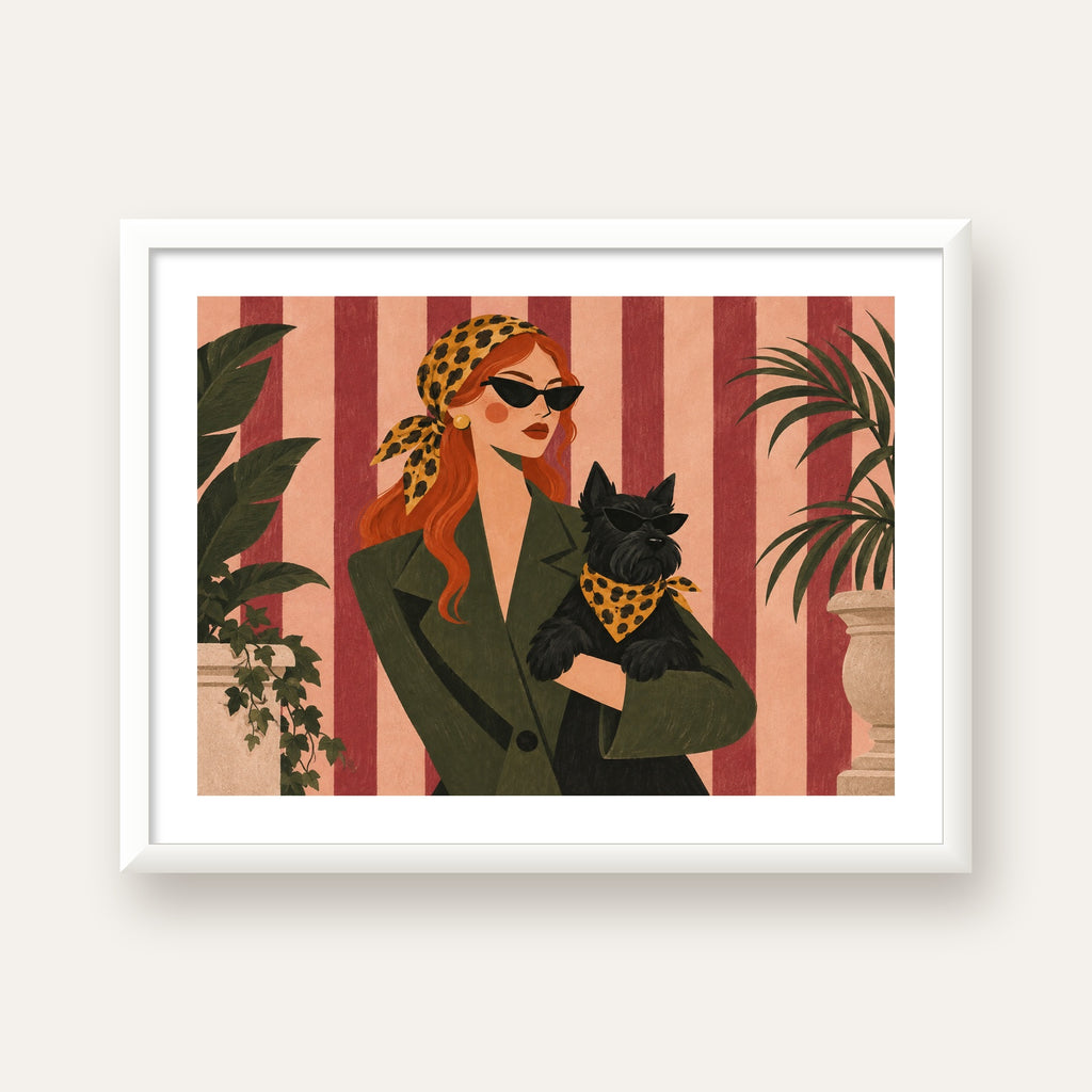 Retro Stil Kadın ve Köpek İllüstrasyon Poster — beyaz çerçeveli yatay poster