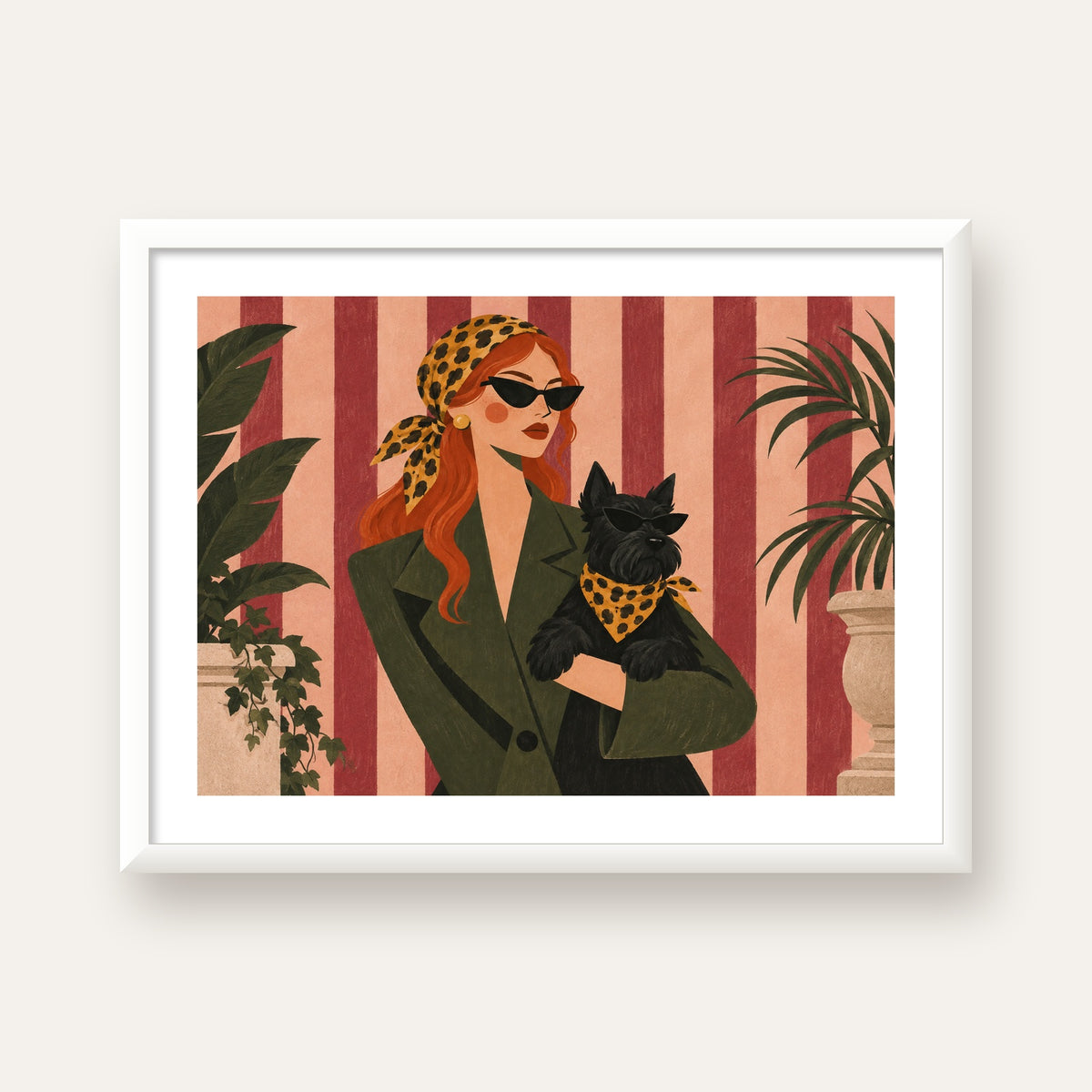 Retro Stil Kadın ve Köpek İllüstrasyon Poster — beyaz çerçeveli yatay poster