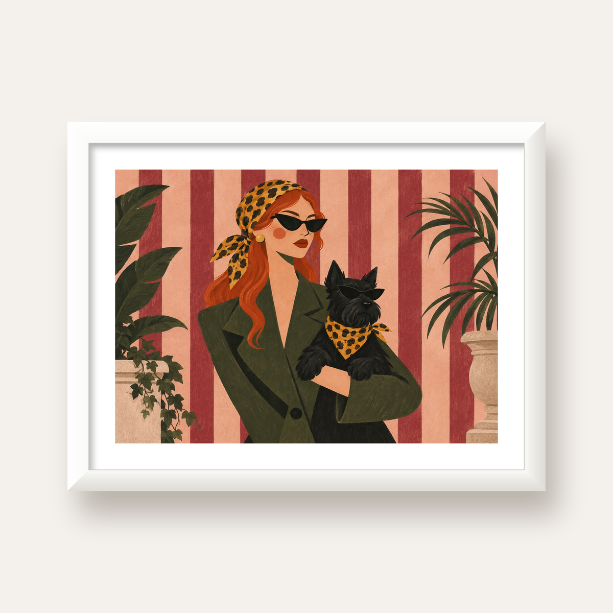 Retro Stil Kadın ve Köpek İllüstrasyon Poster — beyaz çerçeveli yatay poster