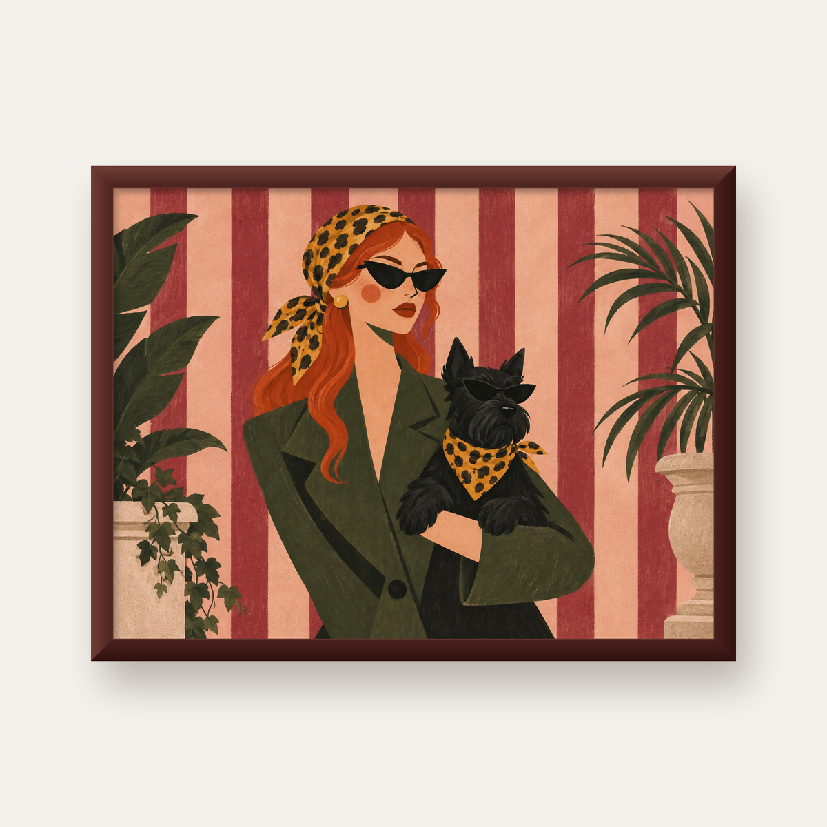 Retro Stil Kadın ve Köpek İllüstrasyon Poster — ceviz çerçeveli
