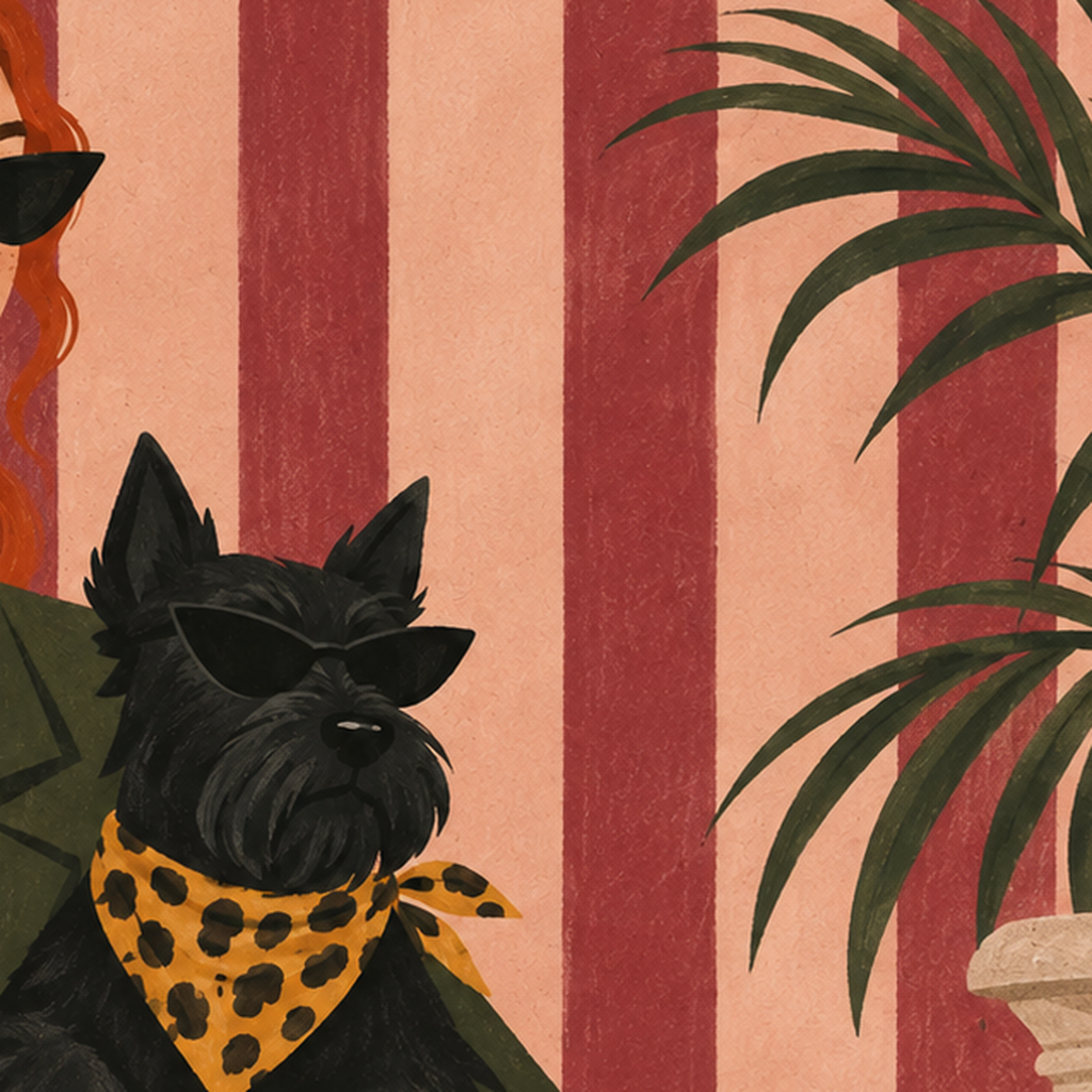 Retro Stil Kadın ve Köpek İllüstrasyon Poster — baskının yakın çekimi, kâğıt dokusu ve renk detayı