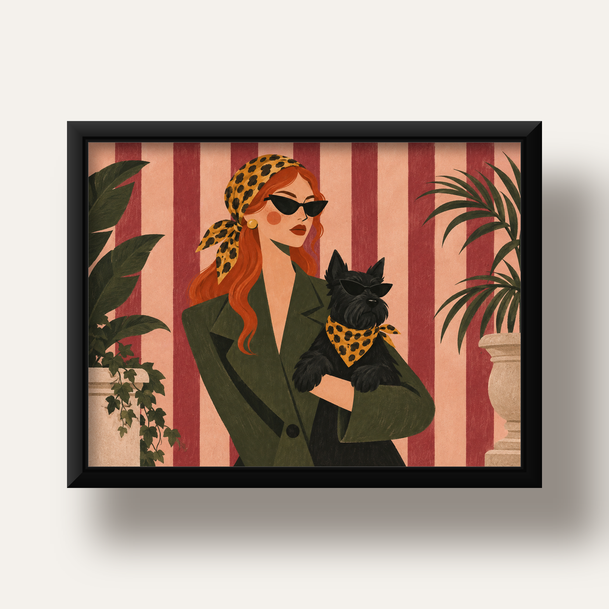 Retro Stil Kadın ve Köpek İllüstrasyon Poster — siyah derin çerçeveli