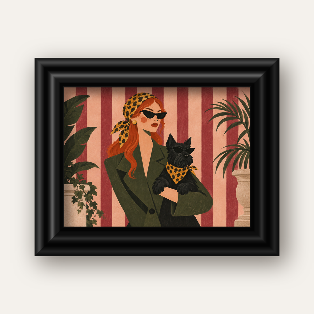 Retro Stil Kadın ve Köpek İllüstrasyon Poster — siyah galeri çerçeveli