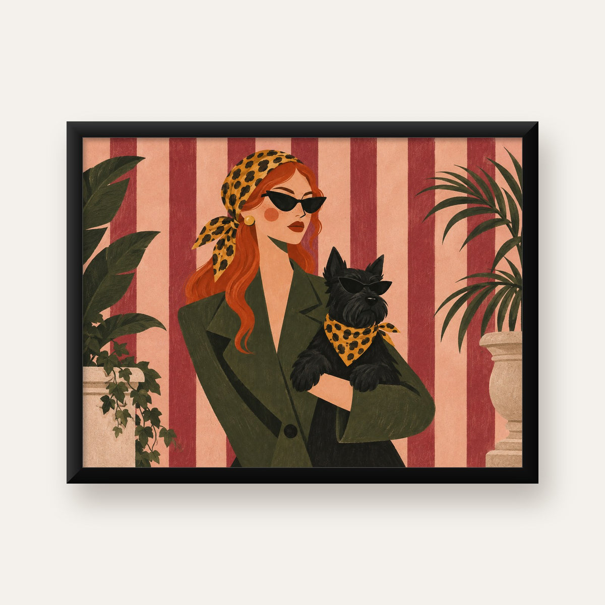 Retro Stil Kadın ve Köpek İllüstrasyon Poster — Yatay baskı, düz siyah çerçeveli duvar posteri