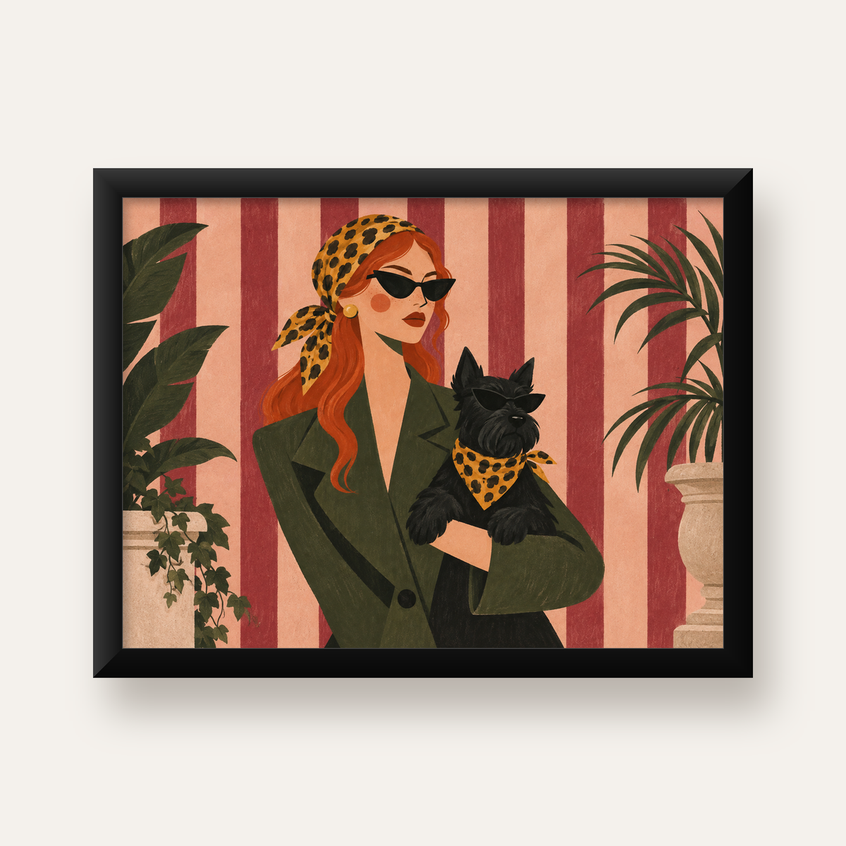 Retro Stil Kadın ve Köpek İllüstrasyon Poster — Yatay baskı, düz siyah çerçeveli duvar posteri