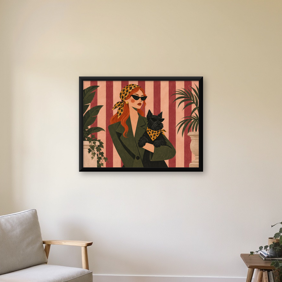 Retro Stil Kadın ve Köpek İllüstrasyon Poster — Yatay baskı, çerçeveli hâliyle bir ev duvarında
