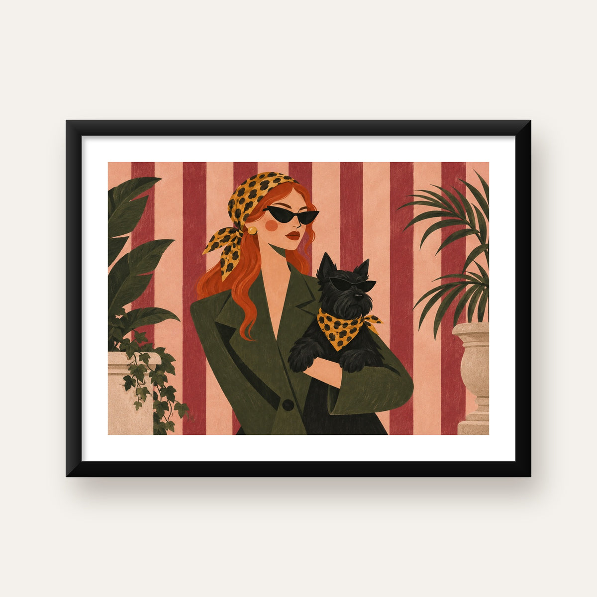 Retro Stil Kadın ve Köpek İllüstrasyon Poster — Yatay baskı, beyaz paspartulu