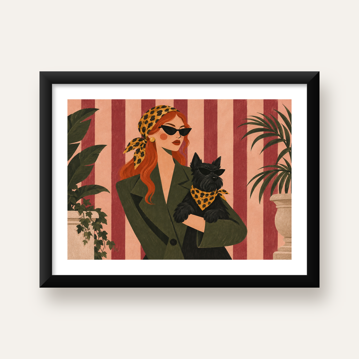 Retro Stil Kadın ve Köpek İllüstrasyon Poster — Yatay baskı, beyaz paspartulu