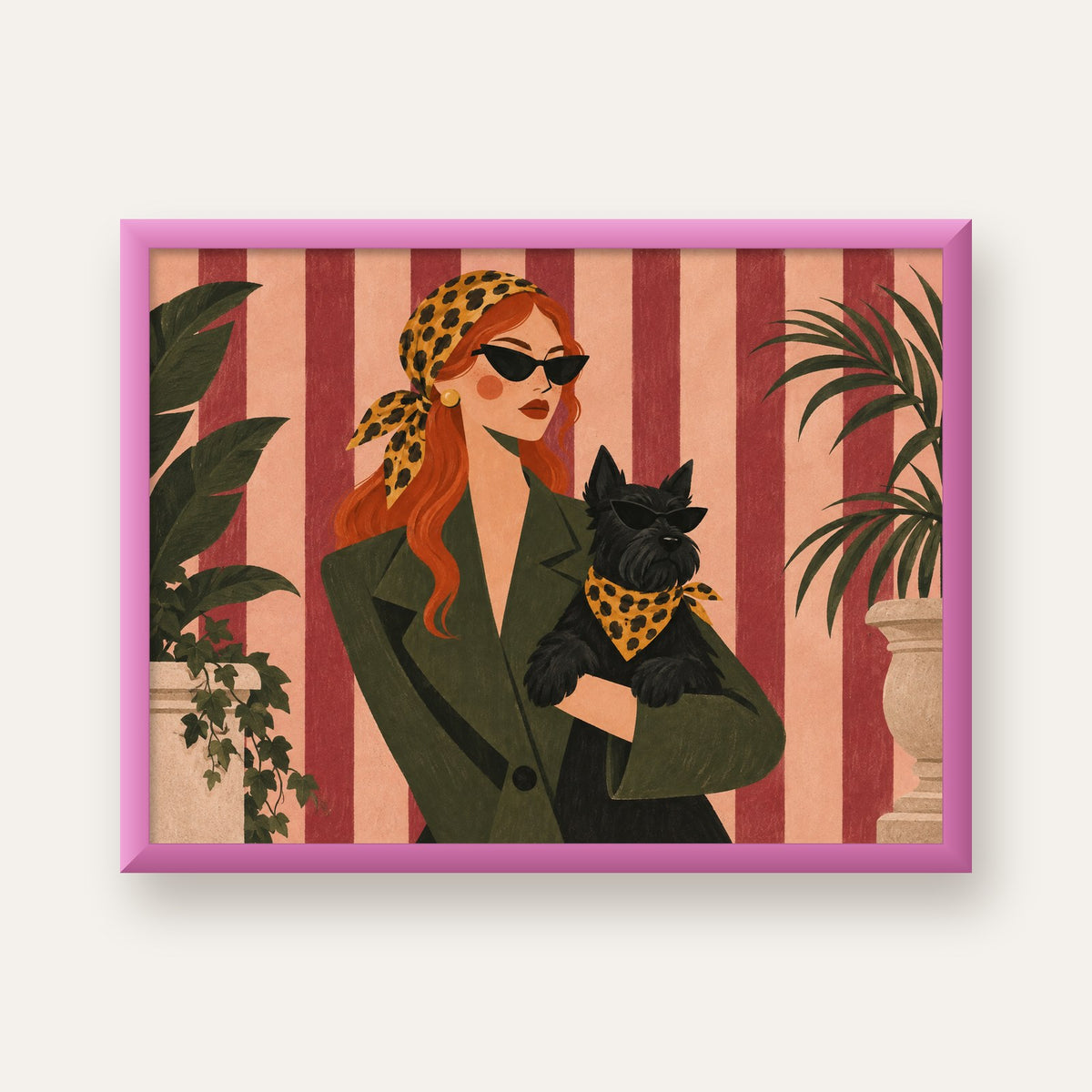 Retro Stil Kadın ve Köpek İllüstrasyon Poster — pembe çerçeveli