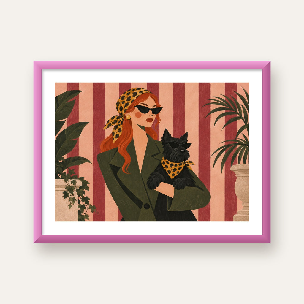 Retro Stil Kadın ve Köpek İllüstrasyon Poster — pembe çerçeveli paspartulu