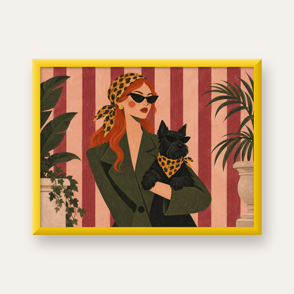 Retro Stil Kadın ve Köpek İllüstrasyon Poster — sarı çerçeveli