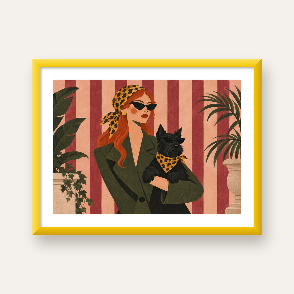 Retro Stil Kadın ve Köpek İllüstrasyon Poster — sarı çerçeveli paspartulu