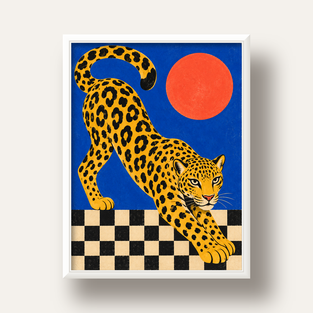 Leopar ve Geometrik Desenli Modern Sanat Poster — beyaz derin çerçeveli
