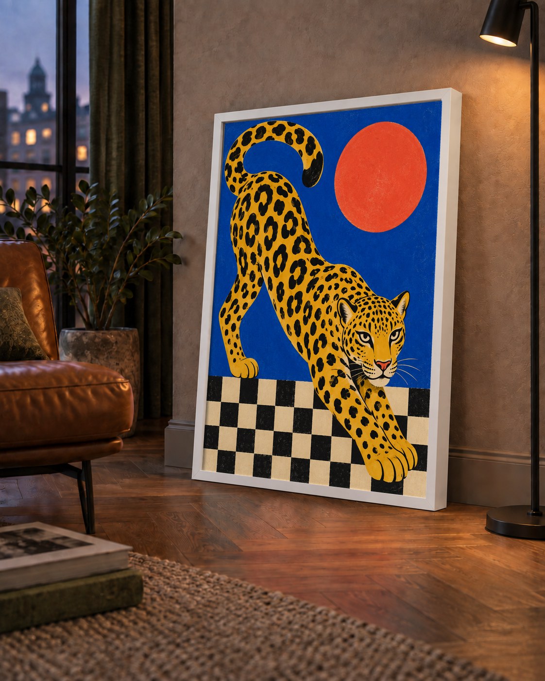 Leopar ve Geometrik Desenli Modern Sanat Poster — çerçeveli hâliyle bir ev duvarında
