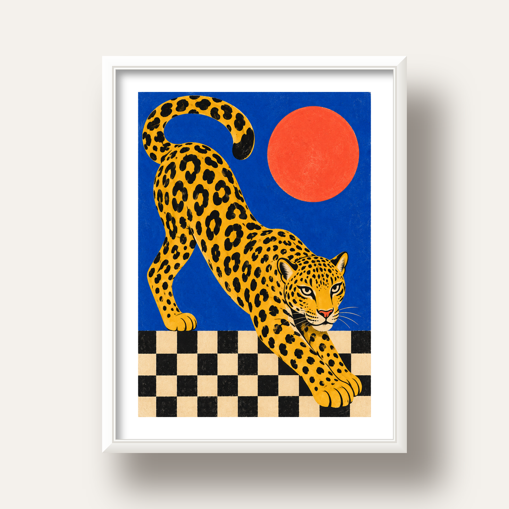 Leopar ve Geometrik Desenli Modern Sanat Poster — beyaz derin çerçeveli paspartulu